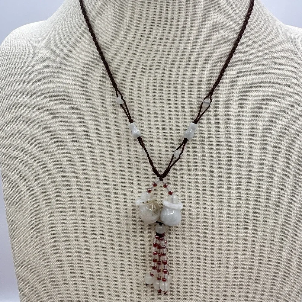Vintage 90s Brown Cord Necklace Double Money Bag Glass Tassel Pendant Jewelry